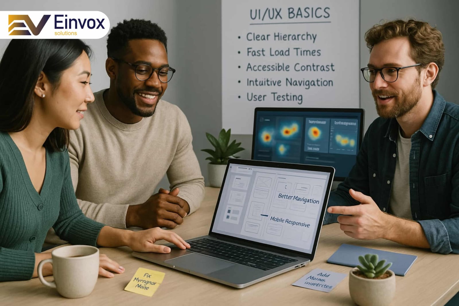 Infographic outlining essential UI/UX design principles: clear visual hierarchy, fast load times, accessible color contrast, intuitive navigation, mobile responsiveness, and user testing workflows. Highlights strategies to improve website usability and SEO-friendly web design.